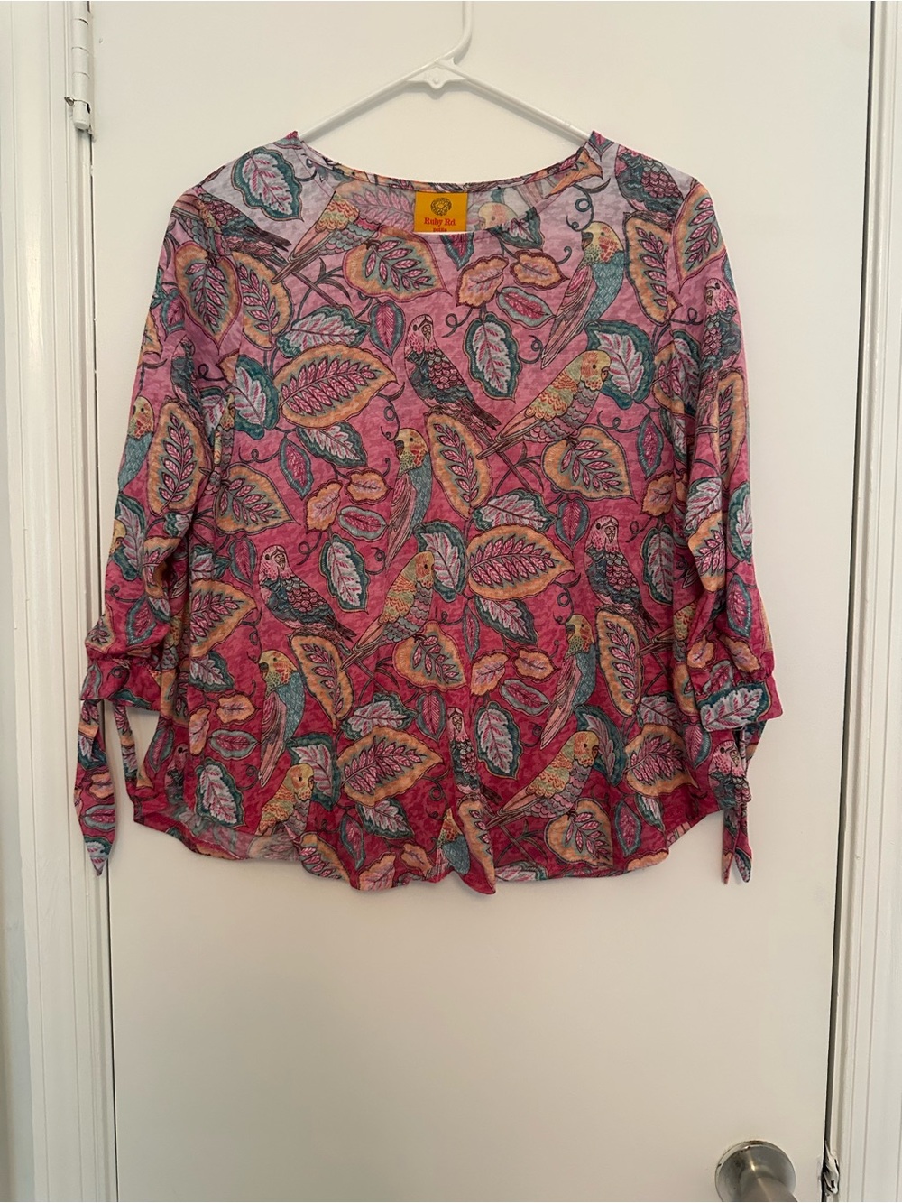 Ruby Rd. Pink Multicolor Parrot & Leaf Print Blouse